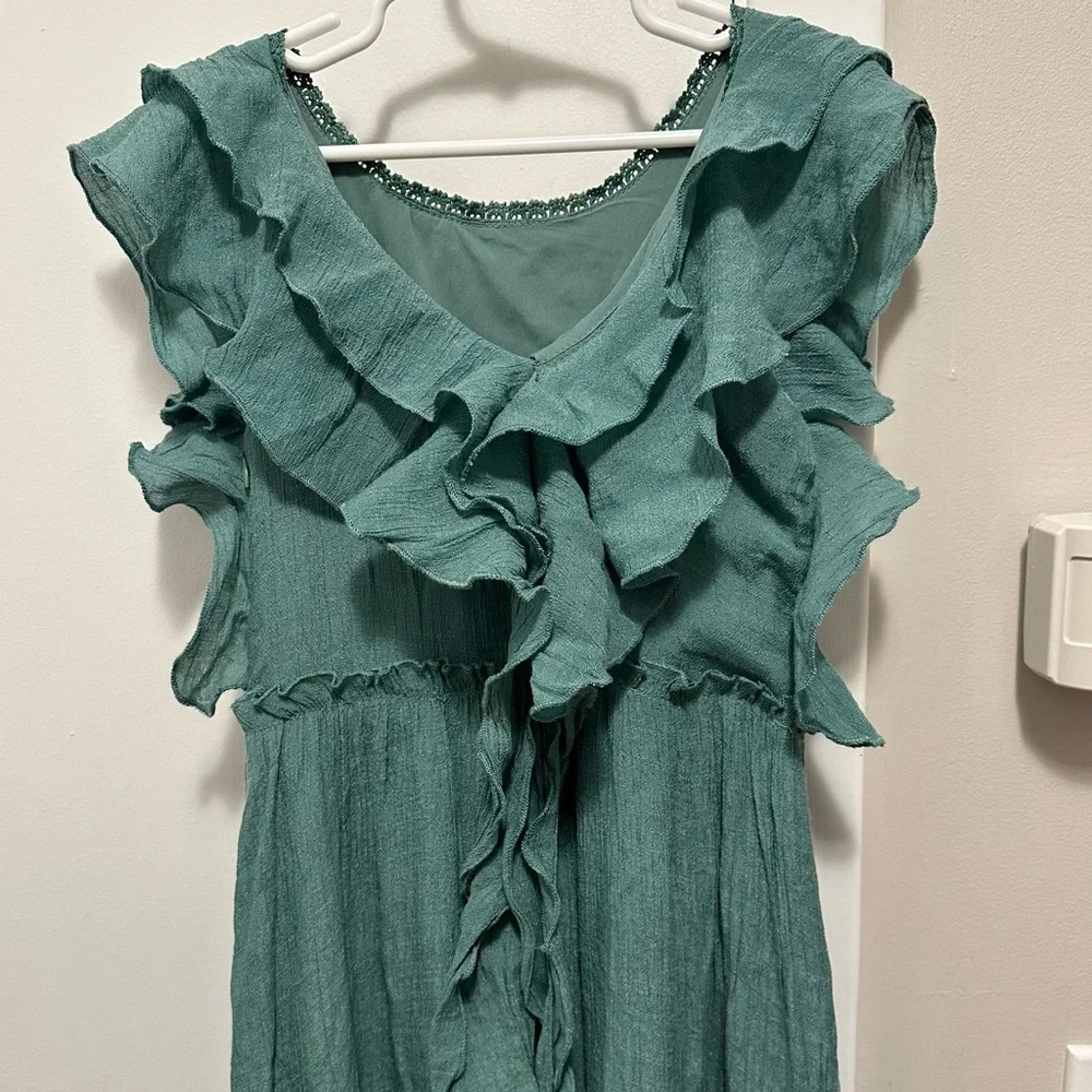Joyfolie Bohemian High Low Green Tiered Ruffle Dress Girls 6 crochet detail